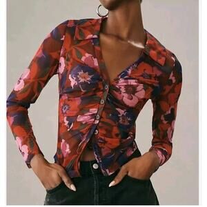 Maeve Anthropologie Sheer long Sleeve blouse button down ruched Sz M Festival